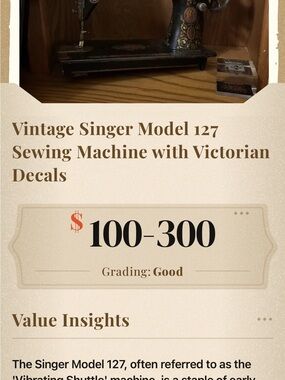 Singer Vintage Model 127 Sewing Machine with Victorian Decals - Black